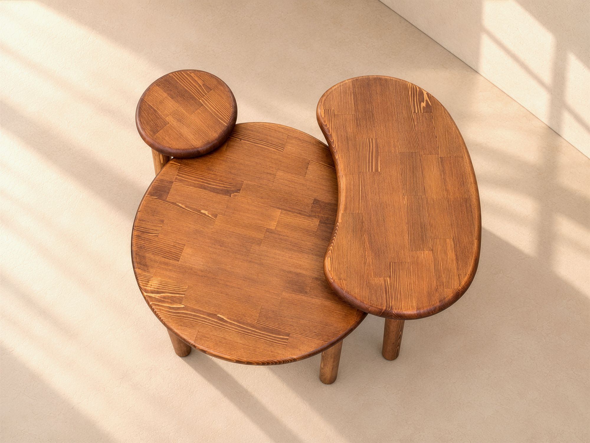 Ahenk three-piece solid wood coffee table set, top view