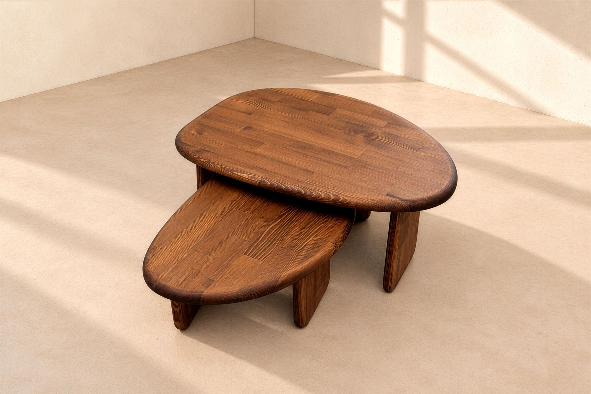 Çakıl nesting solid wood coffee table set, slightly raised angle